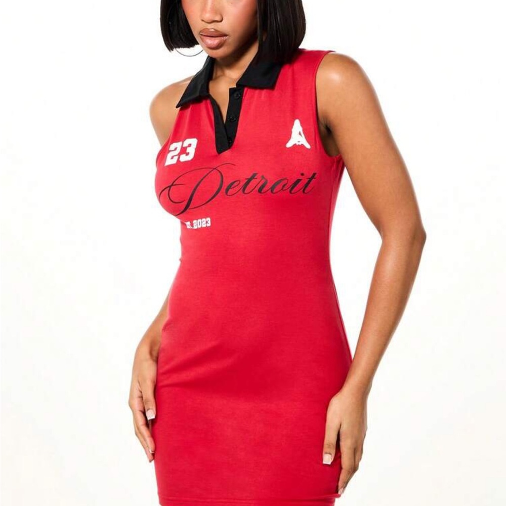 Red Sleeveless Polo Mini Dress with Detroit Script